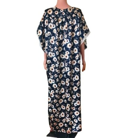 Barbizon Floral Kaftan Night Gown L Vintage Blue Daisy Maxi Muumuu House Dress - Picture 6 of 9